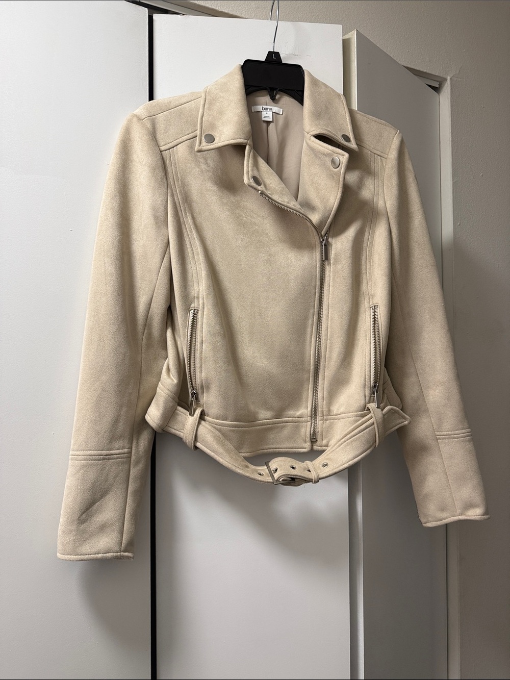 Bar III Cream Suede Asymmetrical Moto Jacket